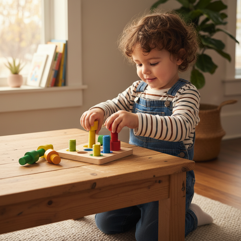 Enfant jouant avec puzzle vissage Montessori