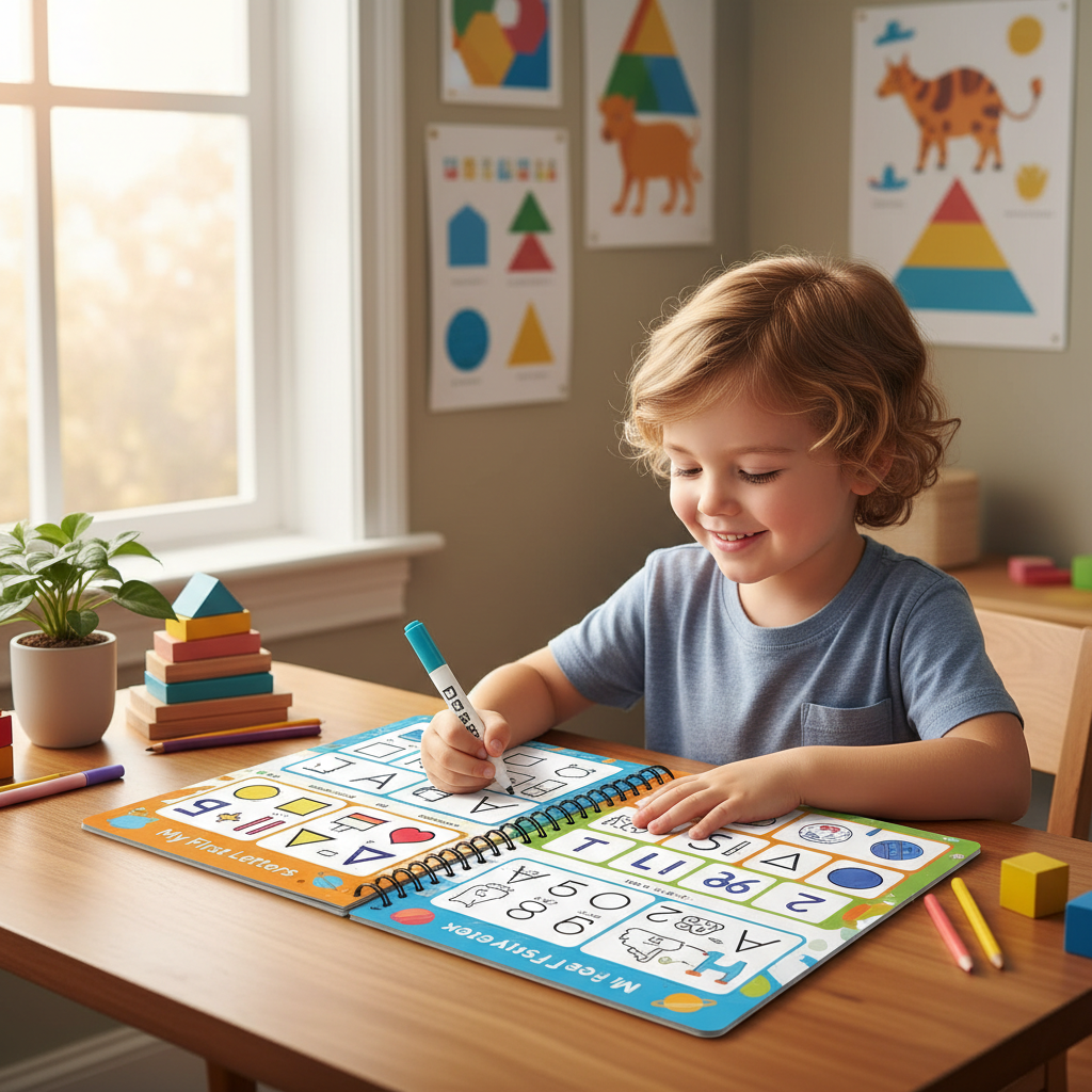 Enfant pratiquant l'écriture avec le cahier Montessori magique