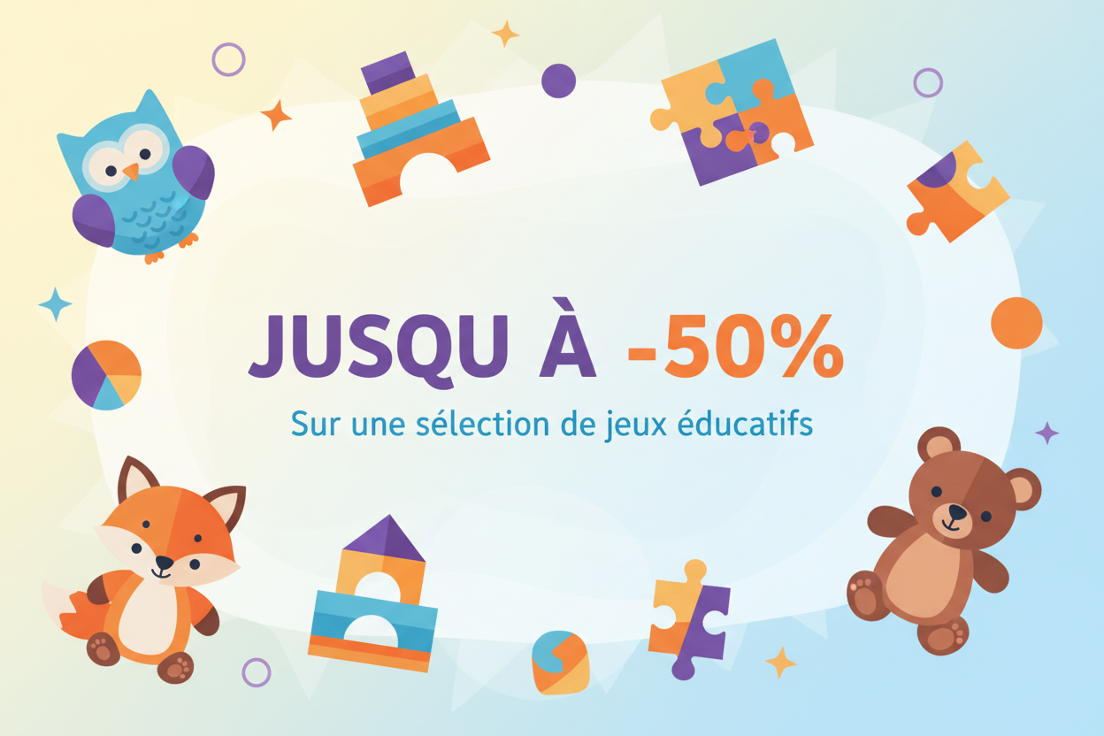 "Une bannière publicitaire horizontale et moderne pour une boutique en ligne de jeux éducatifs pour enfants. L'image doit être joyeuse, colorée et lumineuse. Montrer des jouets éducatifs stylisés (blocs de construction, puzzles, peluches) dispersés de manière dynamique. Gros texte au centre : 'JUSQU'À -50%'. Sous-titre : 'Sur une sélection de jeux éducatifs'. Style graphique plat (flat design), couleurs vives (violet, orange, jaune, bleu clair), arrière-plan propre et lumineux. Pas de visages d'enfants réal